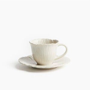 H&M Home Espresso Tea Cup Saucer Flower Cream Dining Ceramic Stonewear NEW